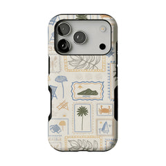 Hand Drawn Postage Stamp Beach Palm Crab Island Cream Base iPhone Cover