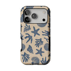 Vintage Rubber Stamp Blue Seashell Starfish Coastal Art Shockproof iPhone Case