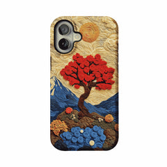 Vintage Hand Embroidery Red Tree Nature Landscape Art iPhone Cover