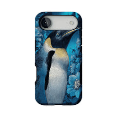 Blue Engraving King Penguin Floral Art Shockproof iPhone Case