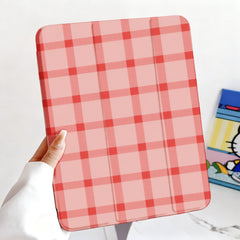 Classic Pink Red Check Linen Texture Shockproof Magnetic iPad Case