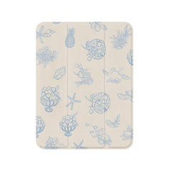 Off White Blue Line Tropical Fruit Print iPad Case, Tri-Fold Magnetic Shockproof PU Cover