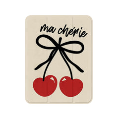 Cute French Script Red Heart Cherry Bow Anti-Scratch Magnetic Tri-Fold iPad Case