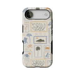 Hand Drawn Postage Stamp Beach Palm Crab Island Cream Base iPhone Cover
