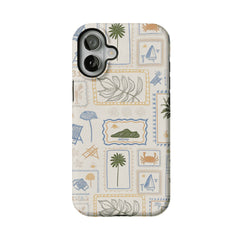 Hand Drawn Postage Stamp Beach Palm Crab Island Cream Base iPhone Cover