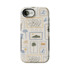 Hand Drawn Postage Stamp Beach Palm Crab Island Cream Base iPhone Cover