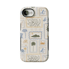 Hand Drawn Postage Stamp Beach Palm Crab Island Cream Base iPhone Cover