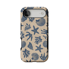 Vintage Rubber Stamp Blue Seashell Starfish Coastal Art Shockproof iPhone Case