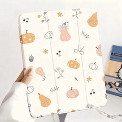 Cute Pink Orange Pumpkin Leaf Shockproof Magnetic Tri-Fold iPad Case