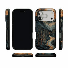 Woodcut Style Mountain Forest Anti-slip Shockproof Vintage iPhone Case
