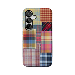 colorful patchwork plaid MagSafe Samsung Galaxy phone case, straight-on back view