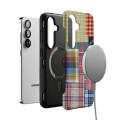 colorful patchwork plaid MagSafe Samsung Galaxy phone case, magnetic layer view