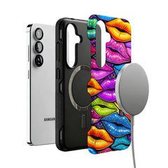 neon pop art lips MagSafe Samsung Galaxy phone case, magnetic layer view
