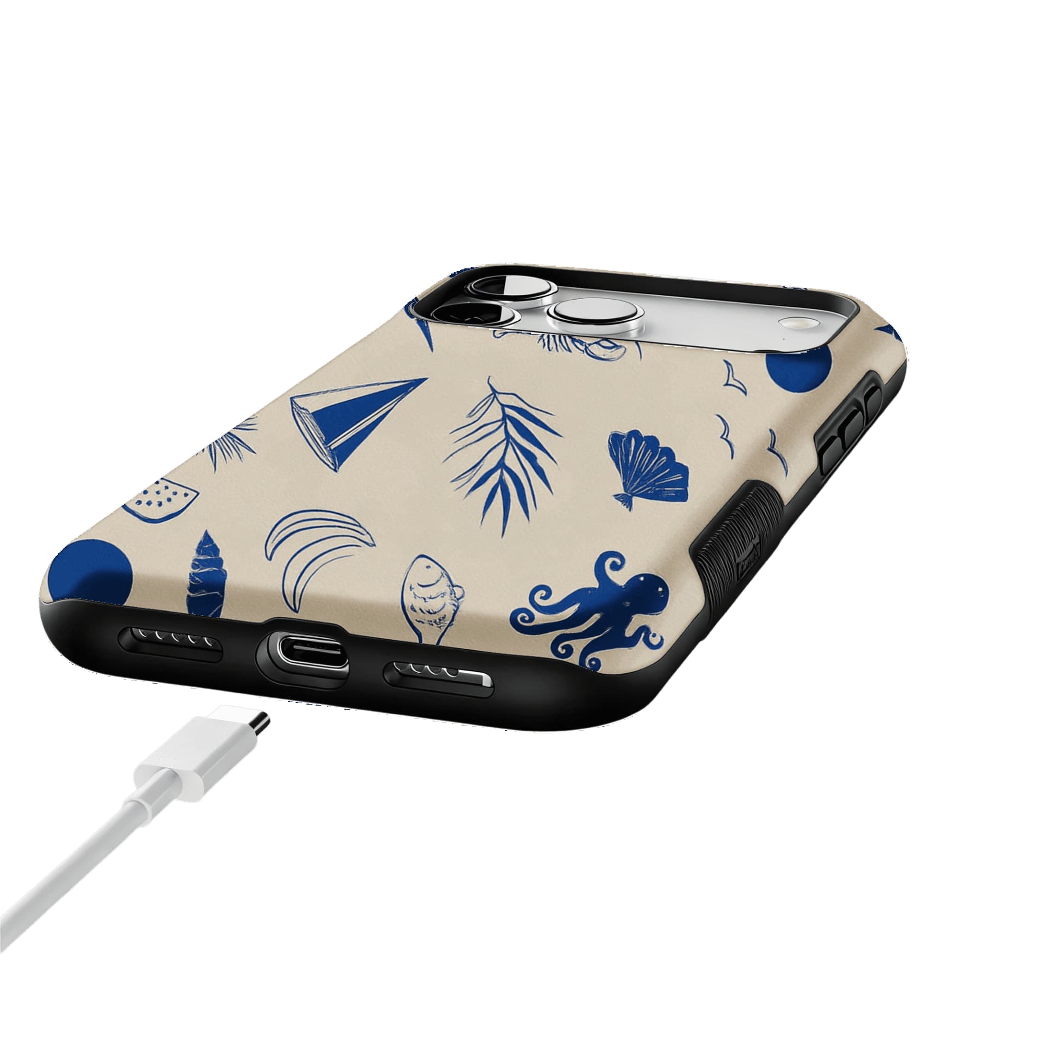 Vintage Blue Line Marine Fruit Palm Beige Base Coastal iPhone Cover
