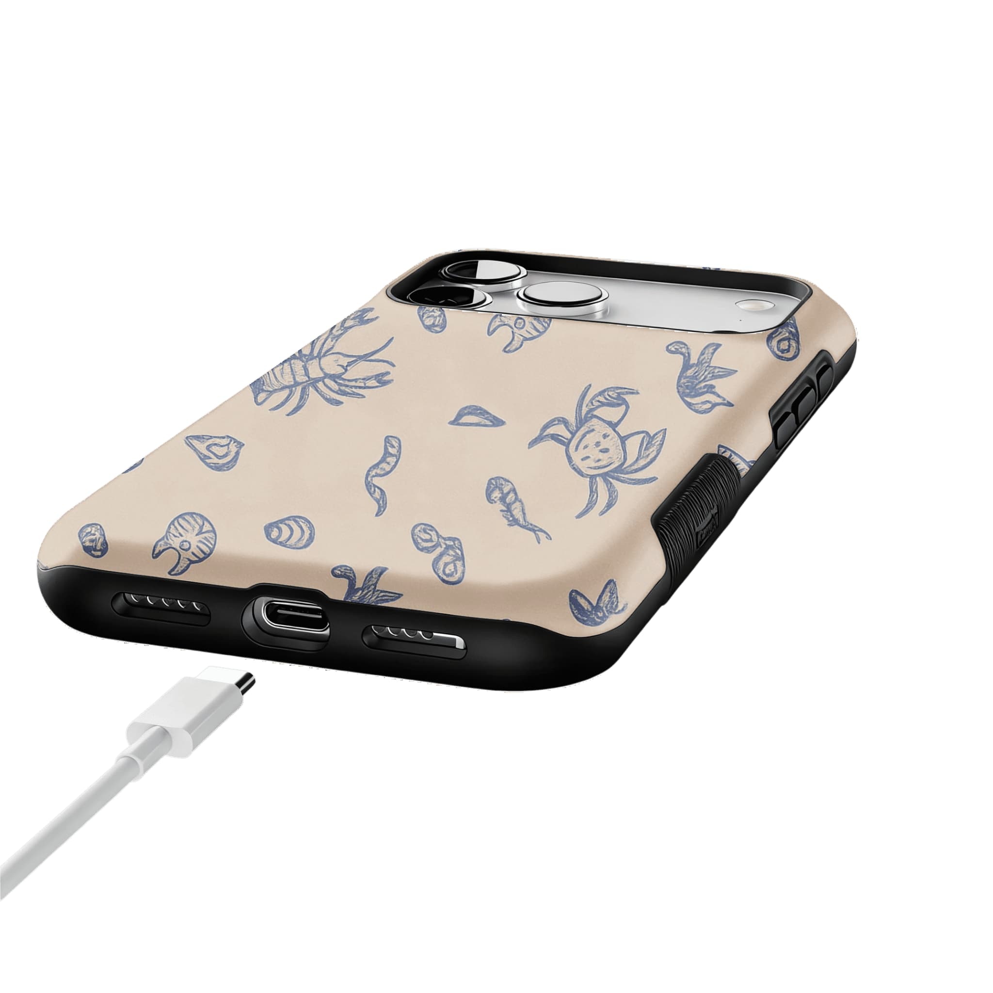 Dusty Blue Sketch Seafood Shell Phone Case, Shockproof Anti-slip iPhone Cover
