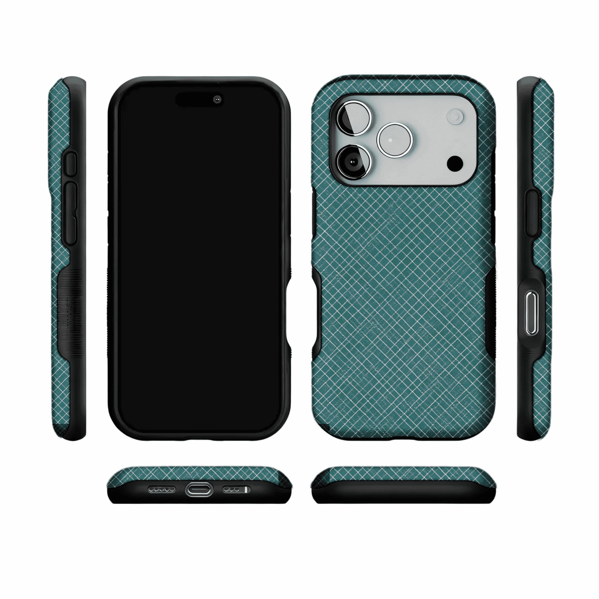 Teal White Tiny Cross Grid Linen Texture Shockproof Anti-slip iPhone Case