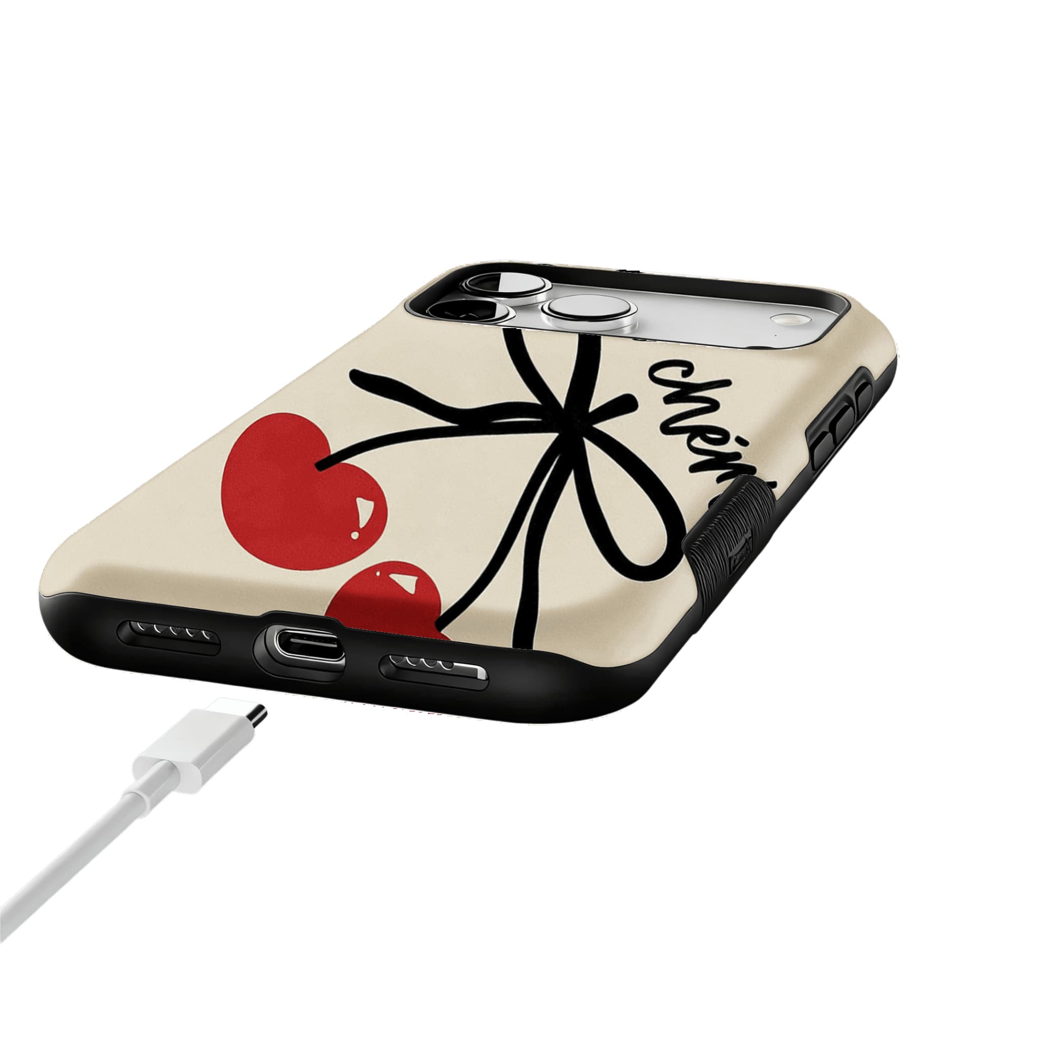 Hand Drawn Heart Cherry Black Bow Minimal Art Shockproof iPhone Case