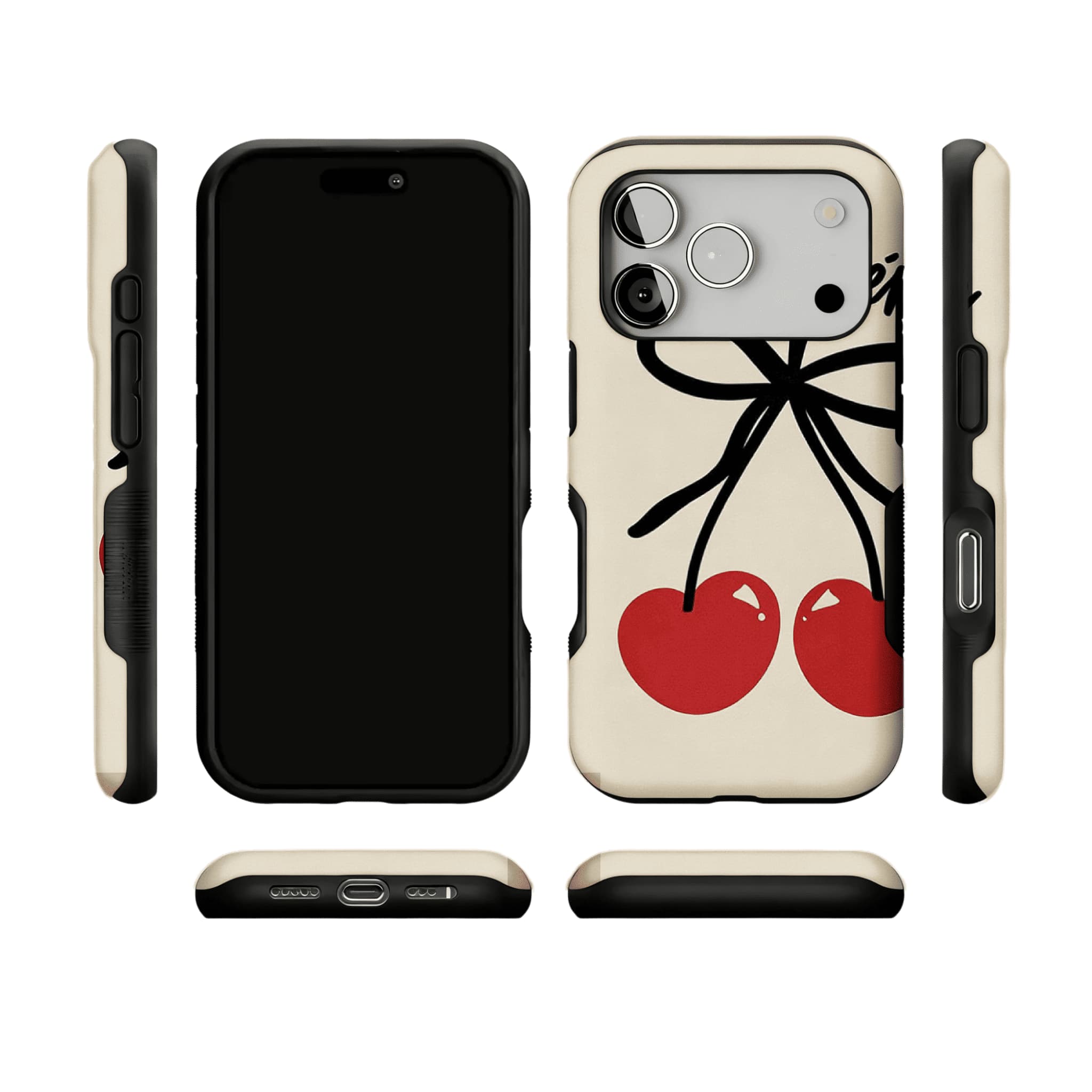 Hand Drawn Heart Cherry Black Bow Minimal Art Shockproof iPhone Case