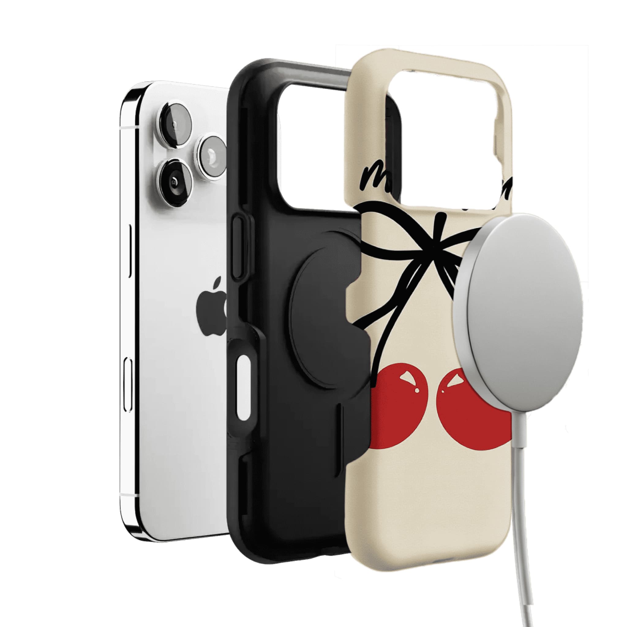 Hand Drawn Heart Cherry Black Bow Minimal Art Shockproof iPhone Case