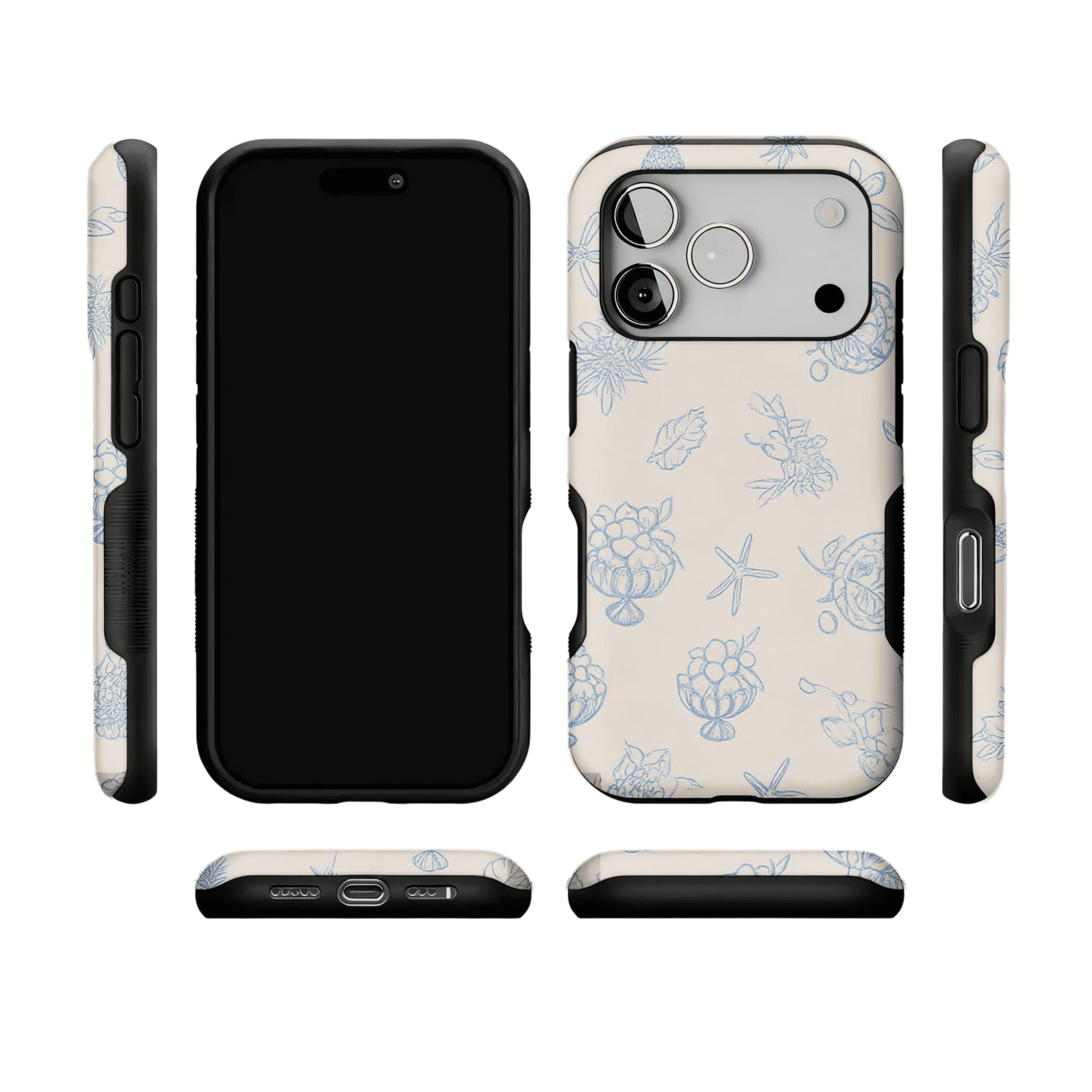 Pale Blue Line Sketch Berry Starfish Coastal Shockproof iPhone Case