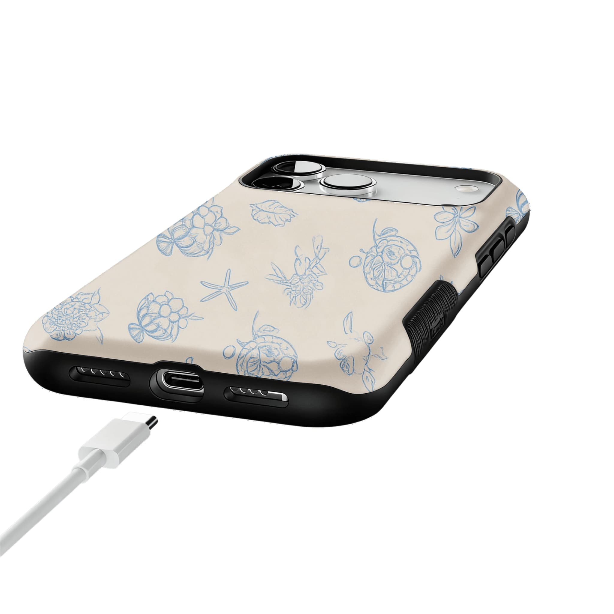 Pale Blue Line Sketch Berry Starfish Coastal Shockproof iPhone Case