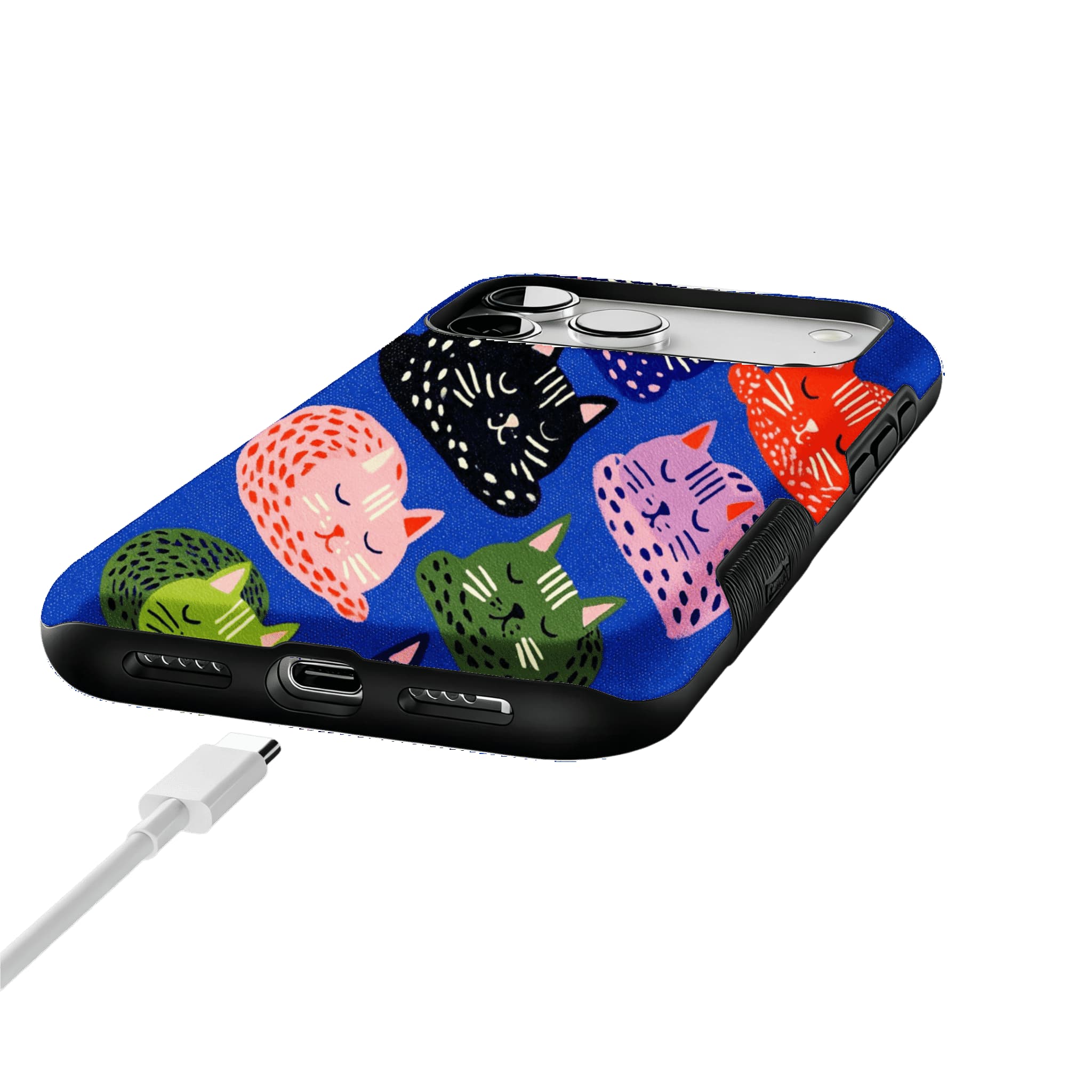 Cute Hand Drawn Napping Cats Shockproof Anti-slip Klein Blue iPhone Case