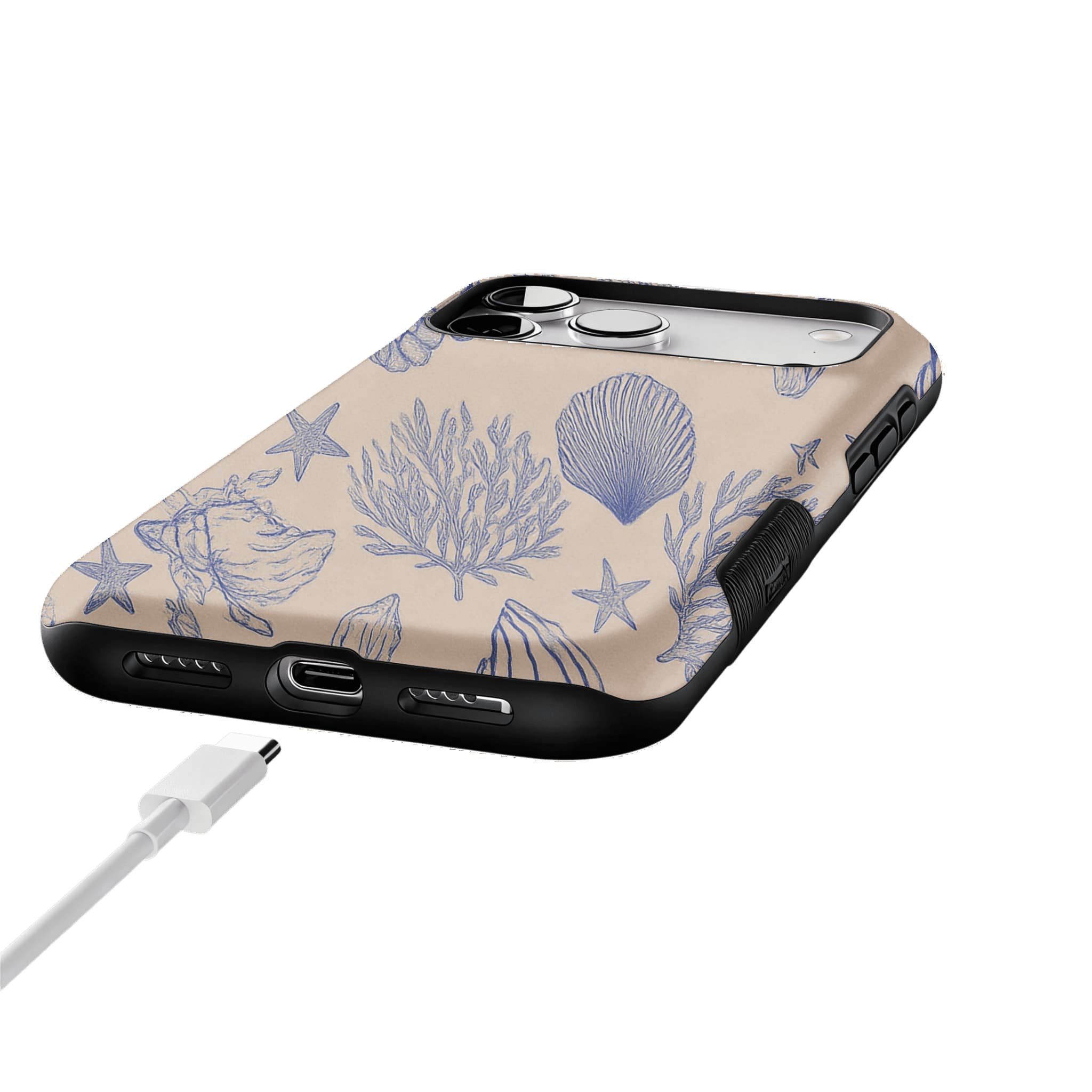 Pale Blue Sketch Seashell Coastal Phone Case, Shockproof Anti-slip iPhone Cover