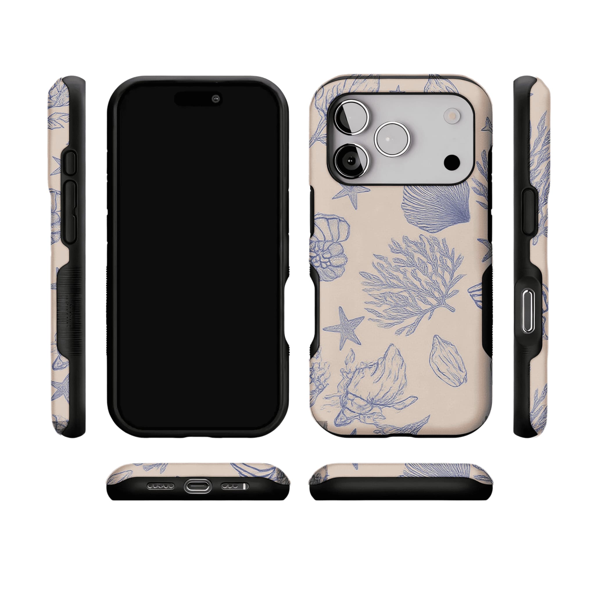 Pale Blue Sketch Seashell Coastal Phone Case, Shockproof Anti-slip iPhone Cover