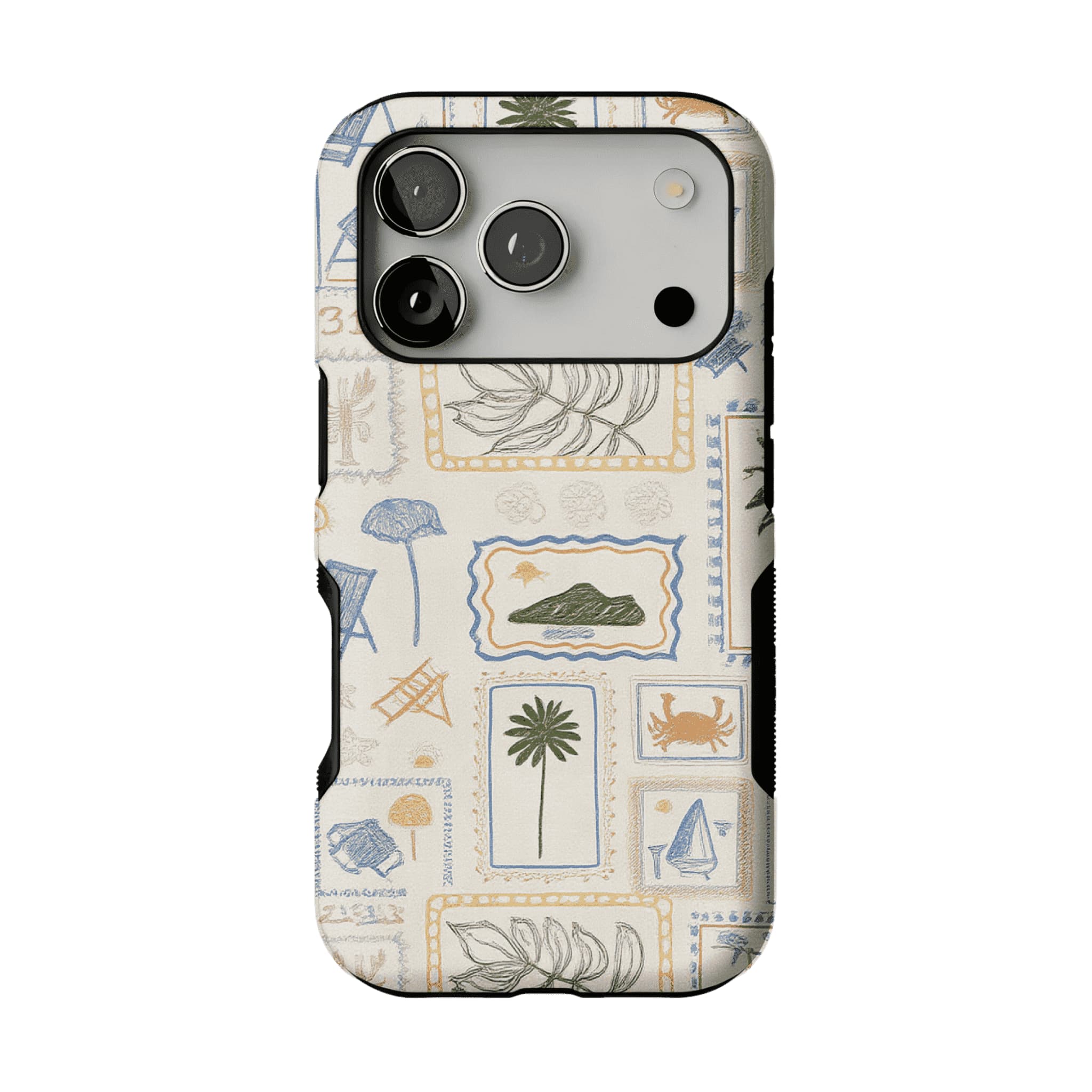 Hand Drawn Postage Stamp Beach Palm Crab Island Cream Base iPhone Cover