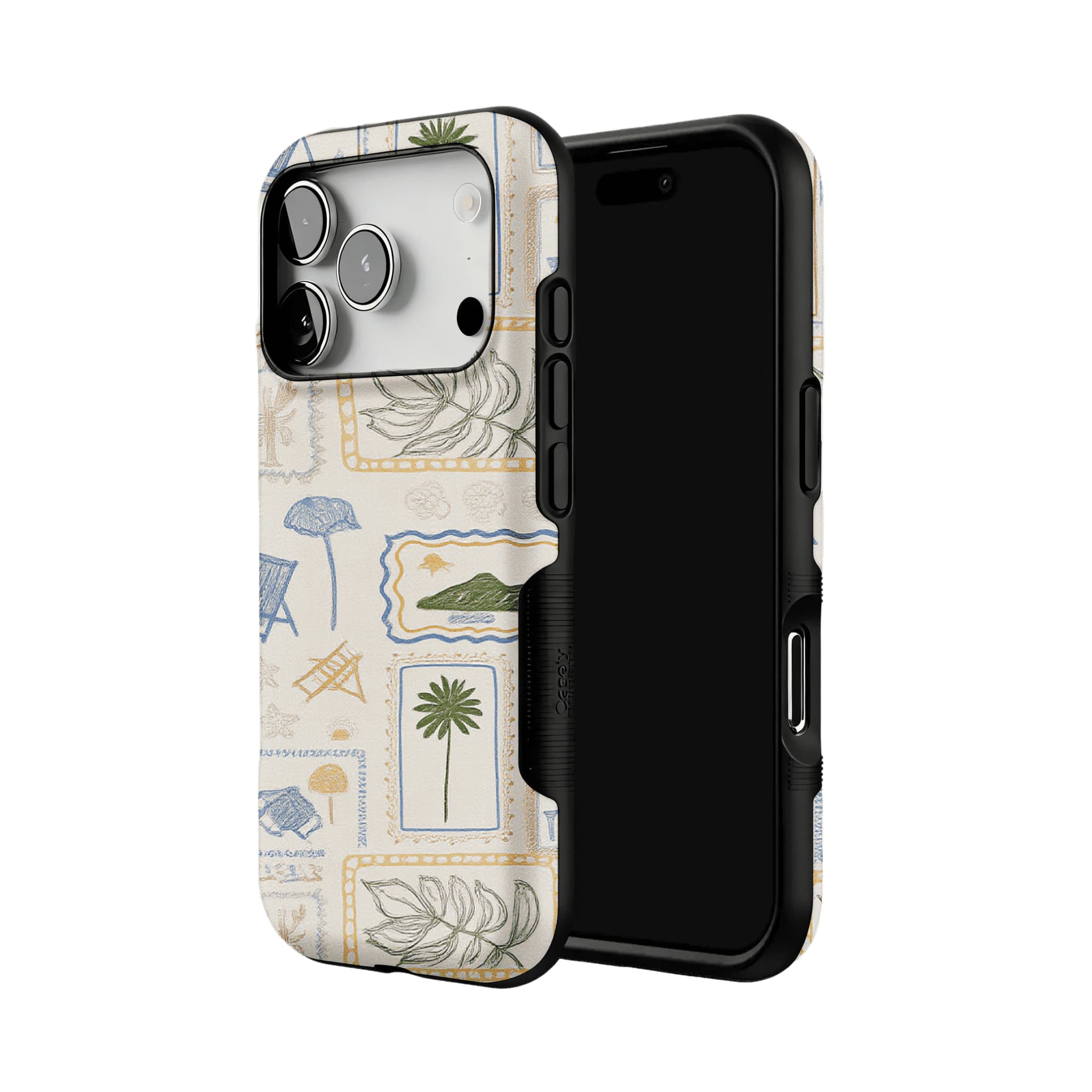 Hand Drawn Postage Stamp Beach Palm Crab Island Cream Base iPhone Cover