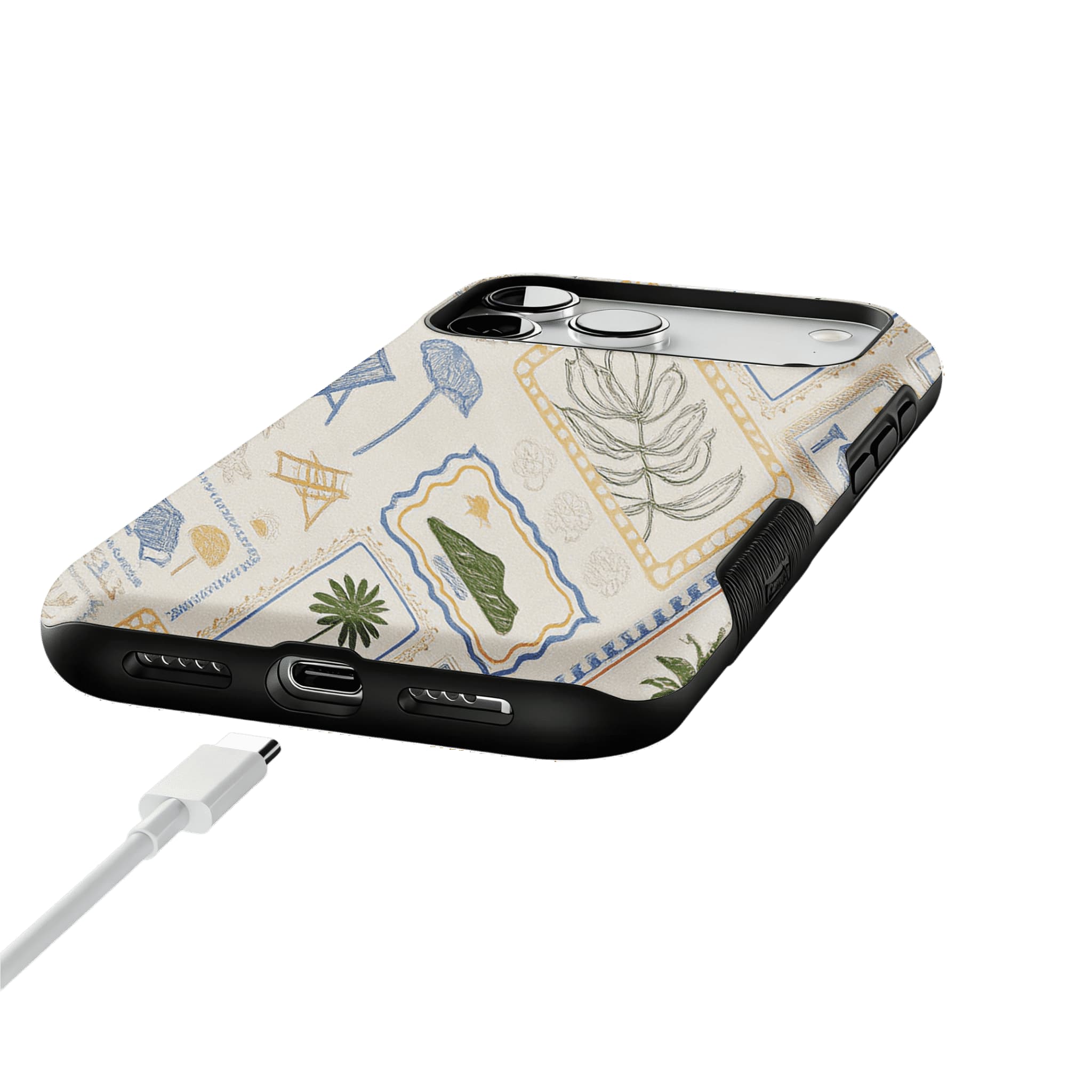 Hand Drawn Postage Stamp Beach Palm Crab Island Cream Base iPhone Cover