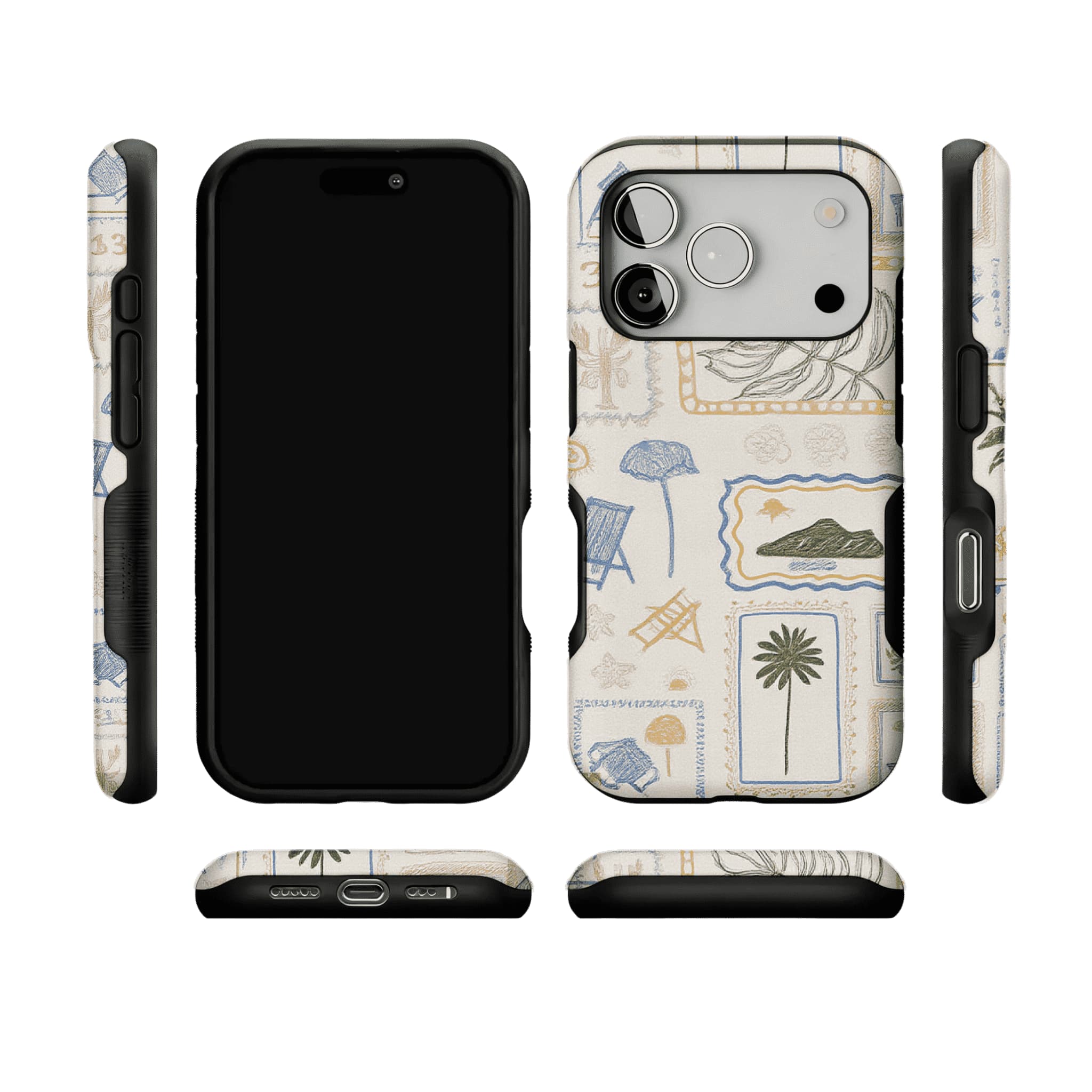 Hand Drawn Postage Stamp Beach Palm Crab Island Cream Base iPhone Cover