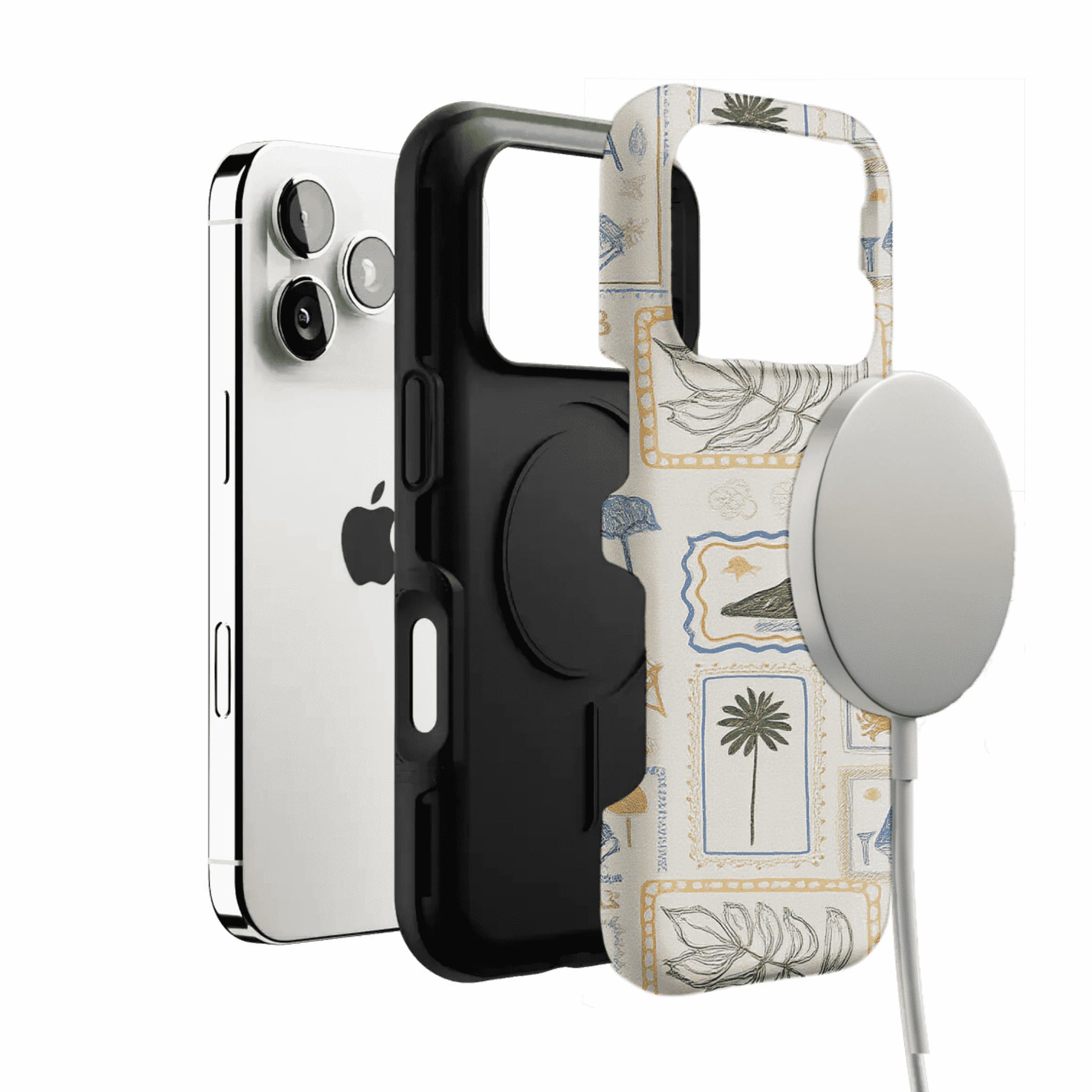 Hand Drawn Postage Stamp Beach Palm Crab Island Cream Base iPhone Cover
