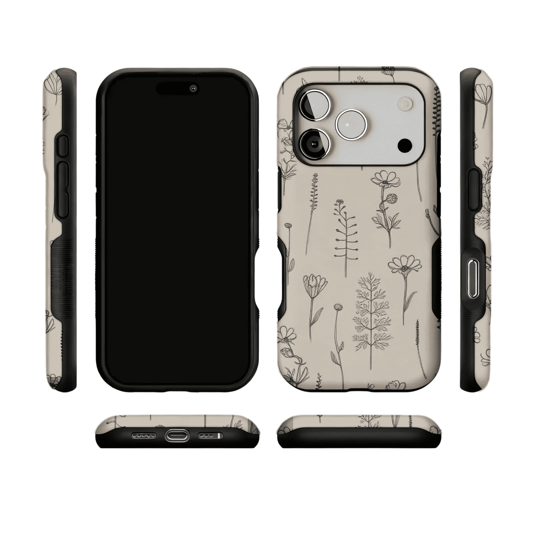 Fine Ink Line Wild Floral Minimal Shockproof Anti-slip iPhone Case