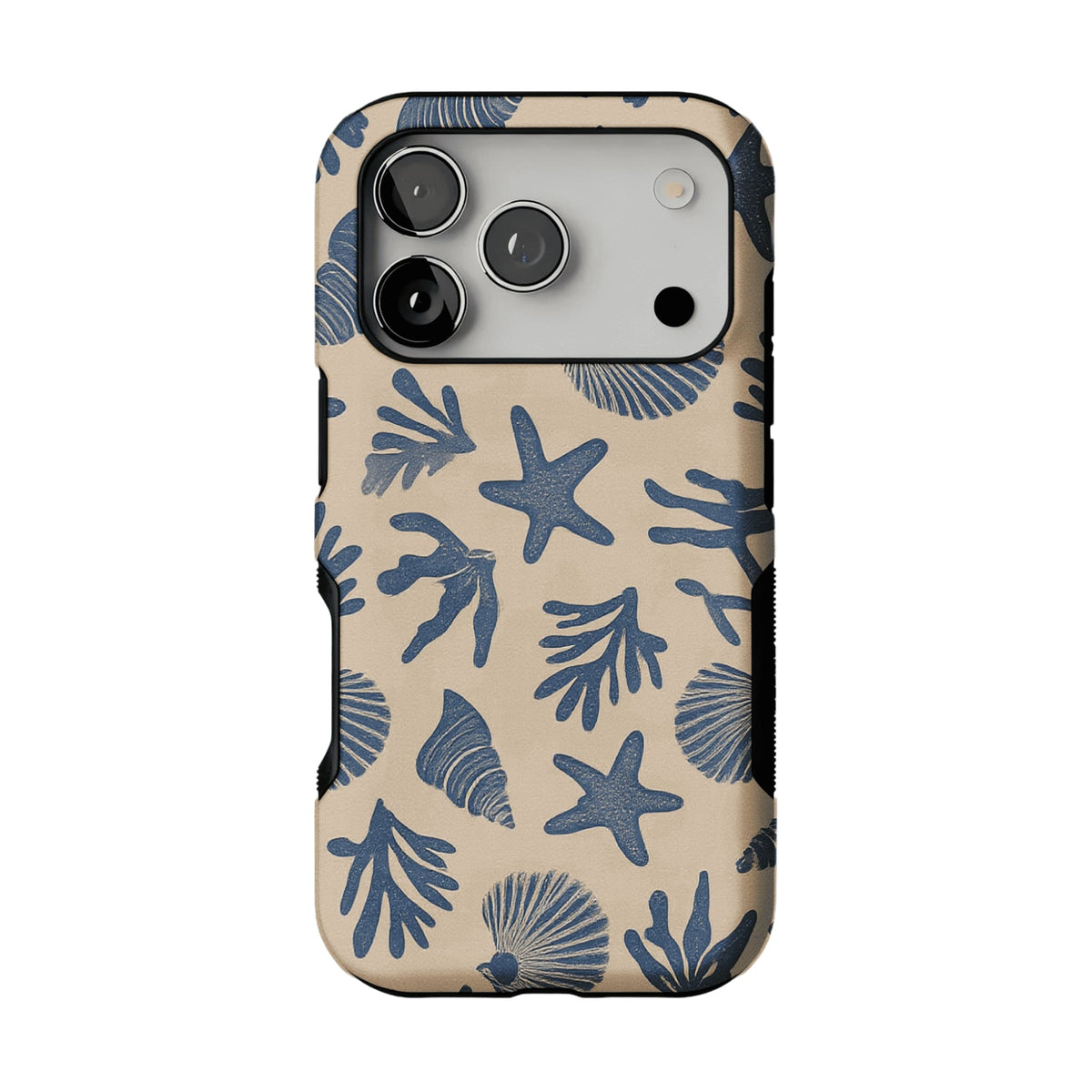 Vintage Rubber Stamp Blue Seashell Starfish Coastal Art Shockproof iPhone Case