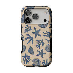 Vintage Rubber Stamp Blue Seashell Starfish Coastal Art Shockproof iPhone Case