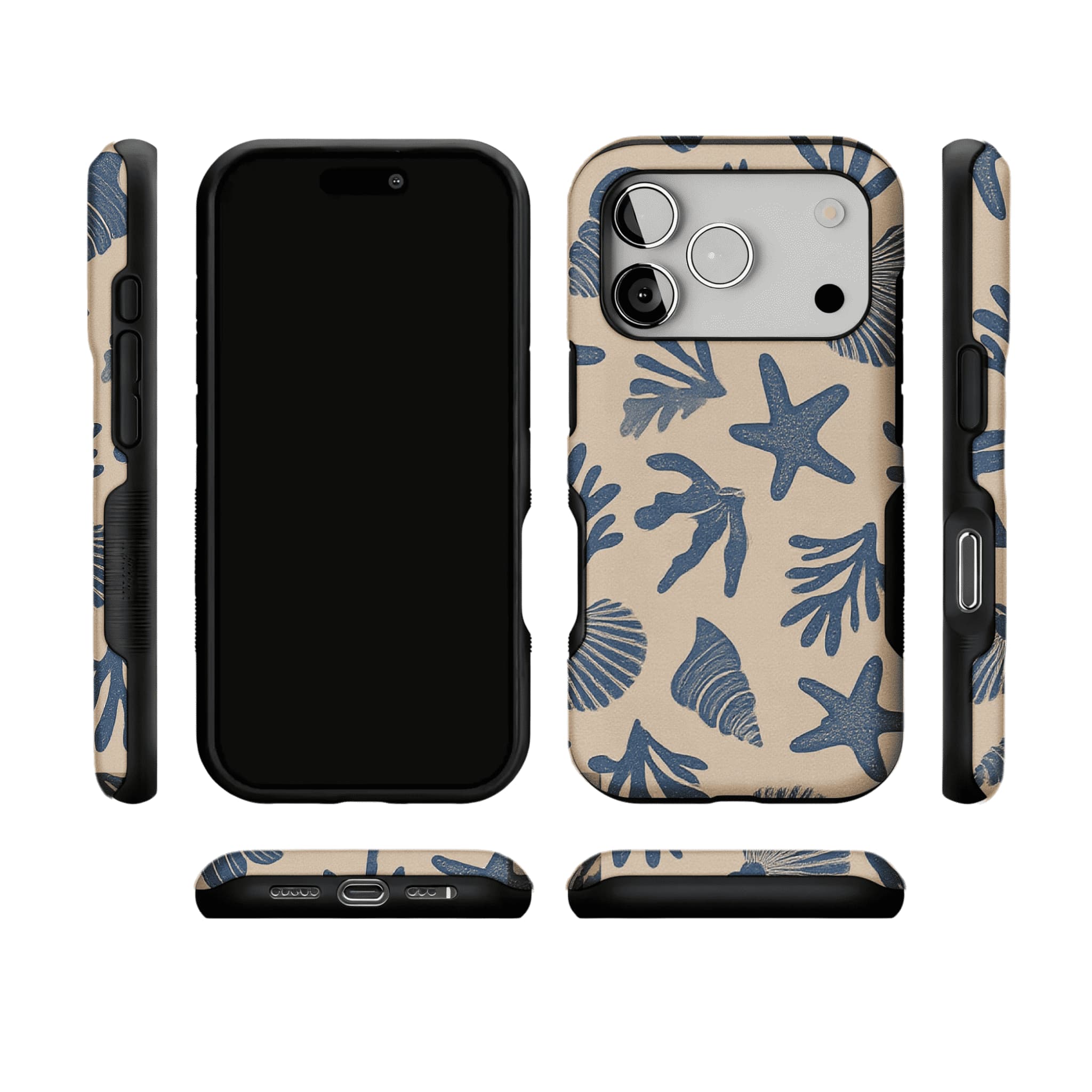 Vintage Rubber Stamp Blue Seashell Starfish Coastal Art Shockproof iPhone Case