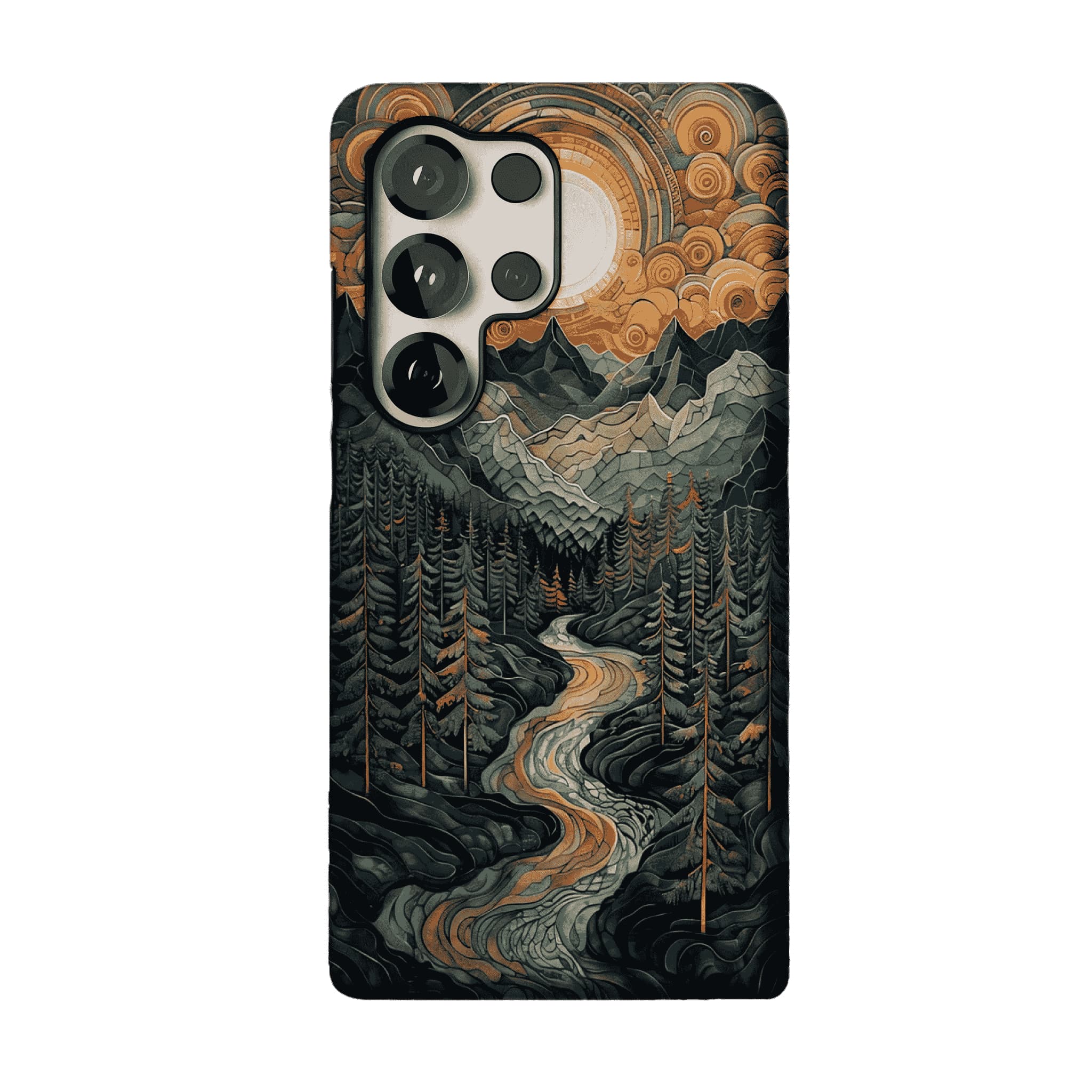 Woodcut Style Mountain Forest Anti-slip Shockproof Vintage iPhone Case