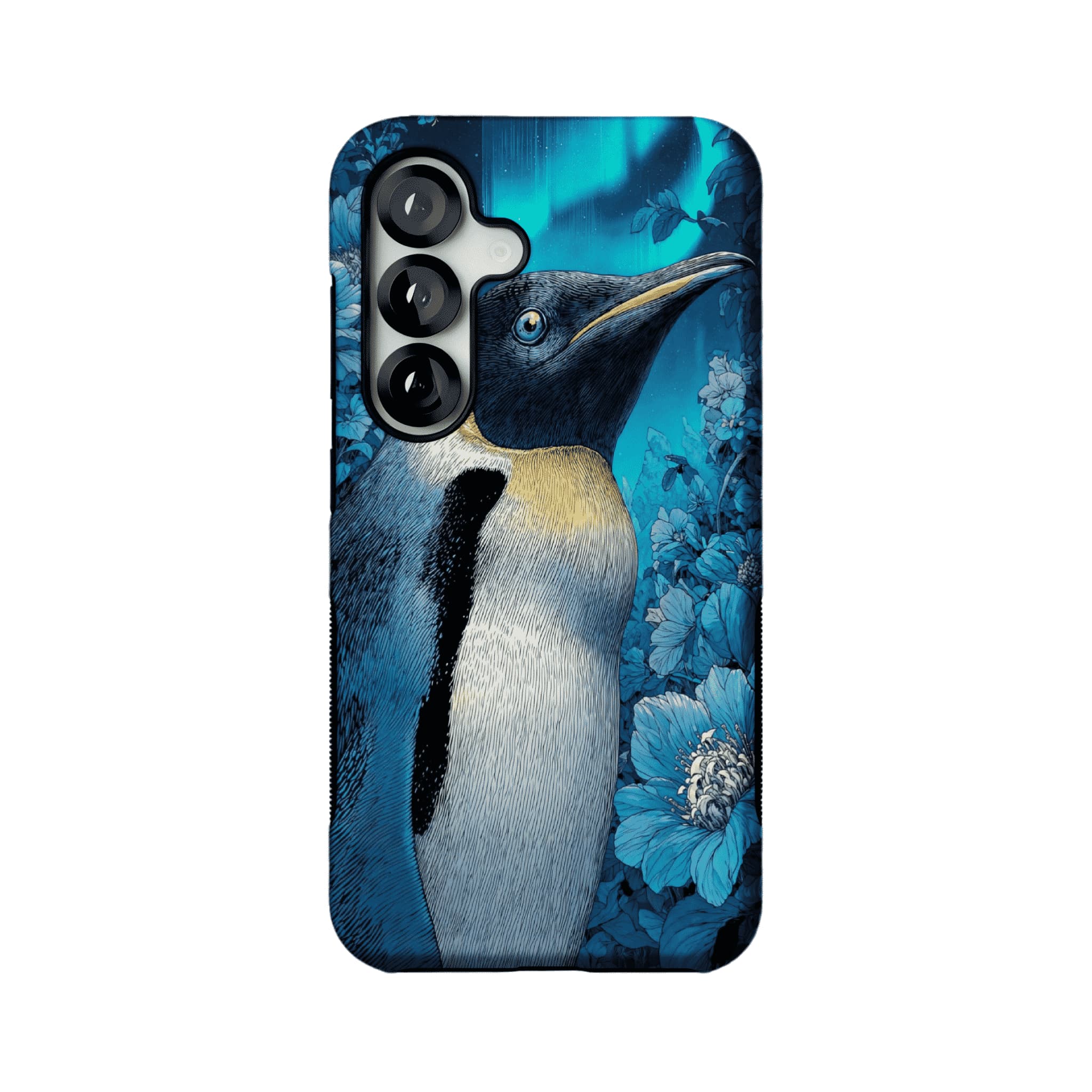 Blue Engraving King Penguin Floral Art Shockproof iPhone Case