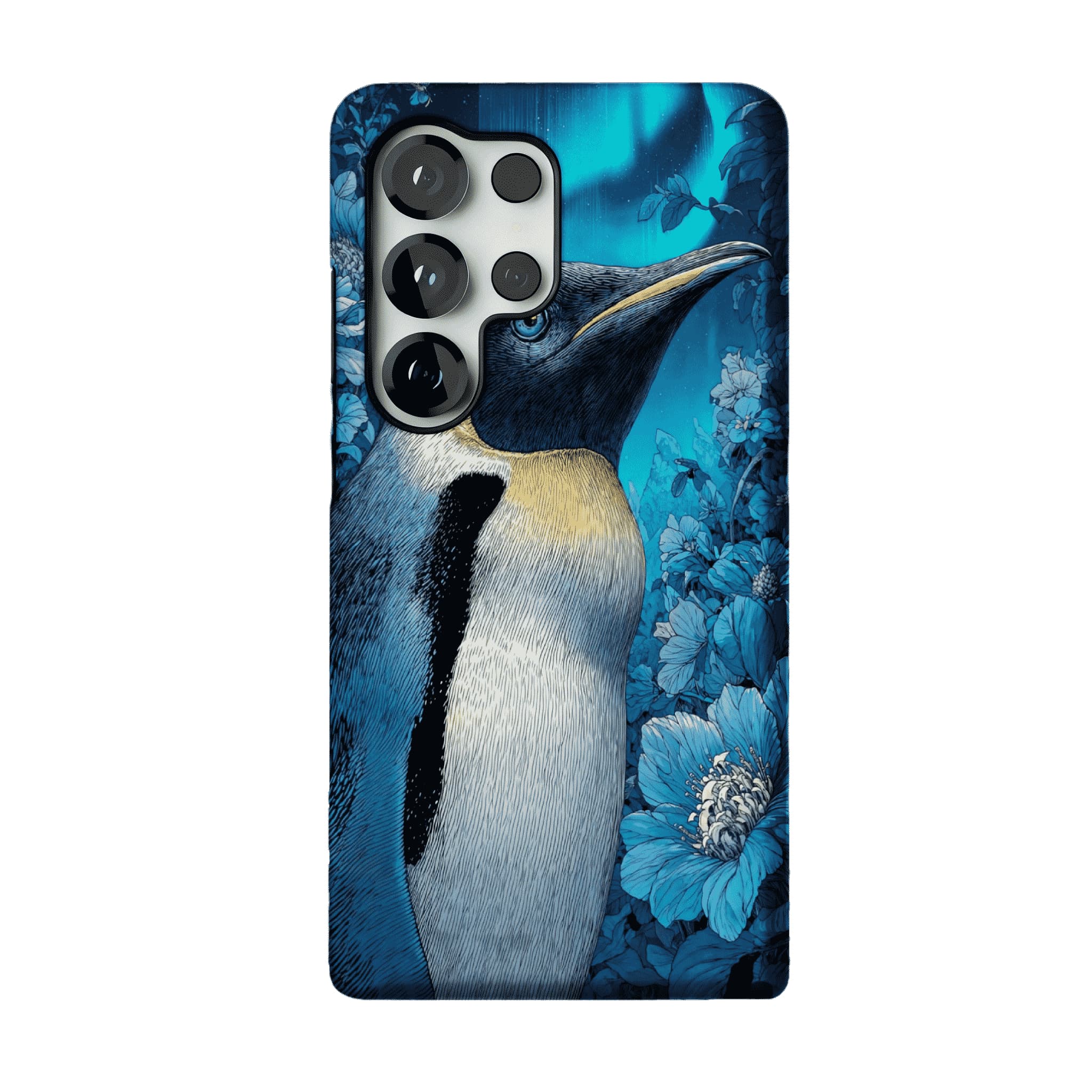 Blue Engraving King Penguin Floral Art Shockproof iPhone Case