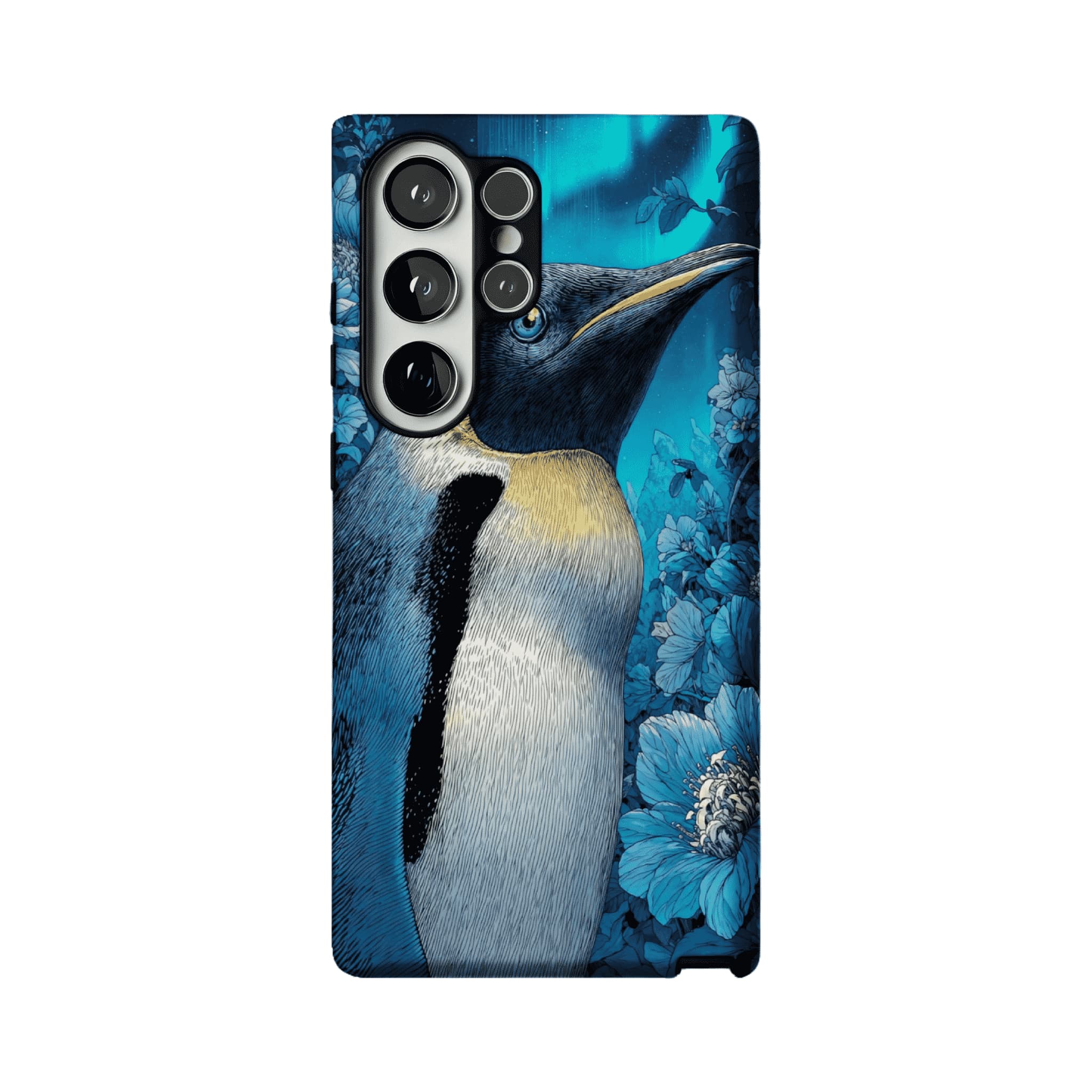 Blue Engraving King Penguin Floral Art Shockproof iPhone Case