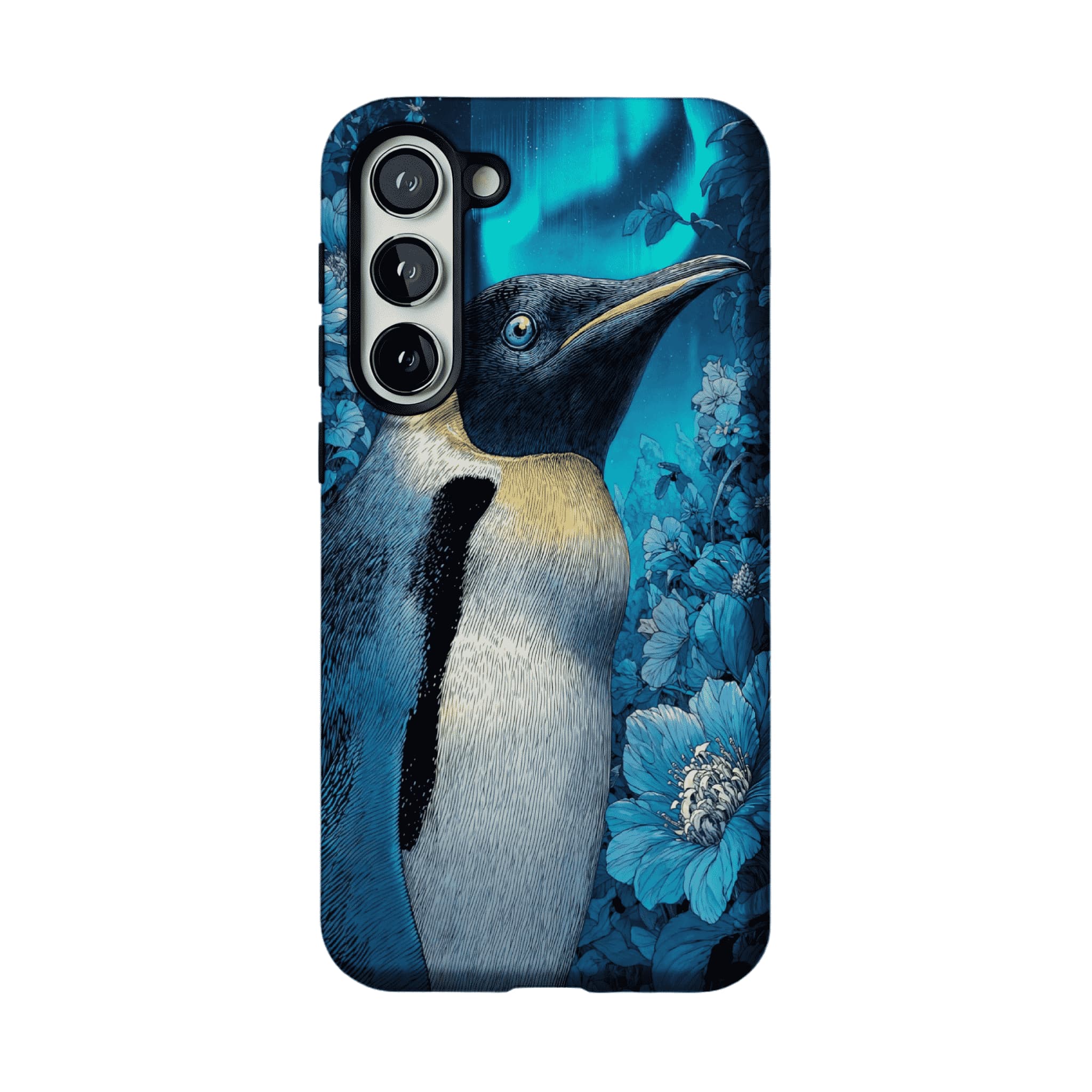 Blue Engraving King Penguin Floral Art Shockproof iPhone Case