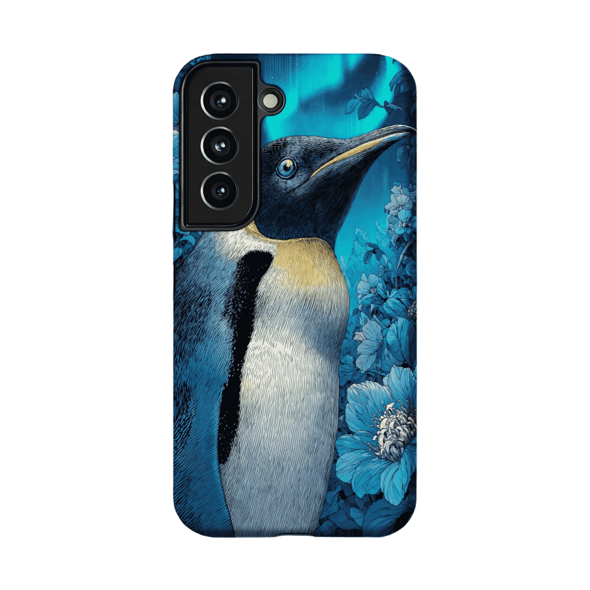 Blue Engraving King Penguin Floral Art Shockproof iPhone Case