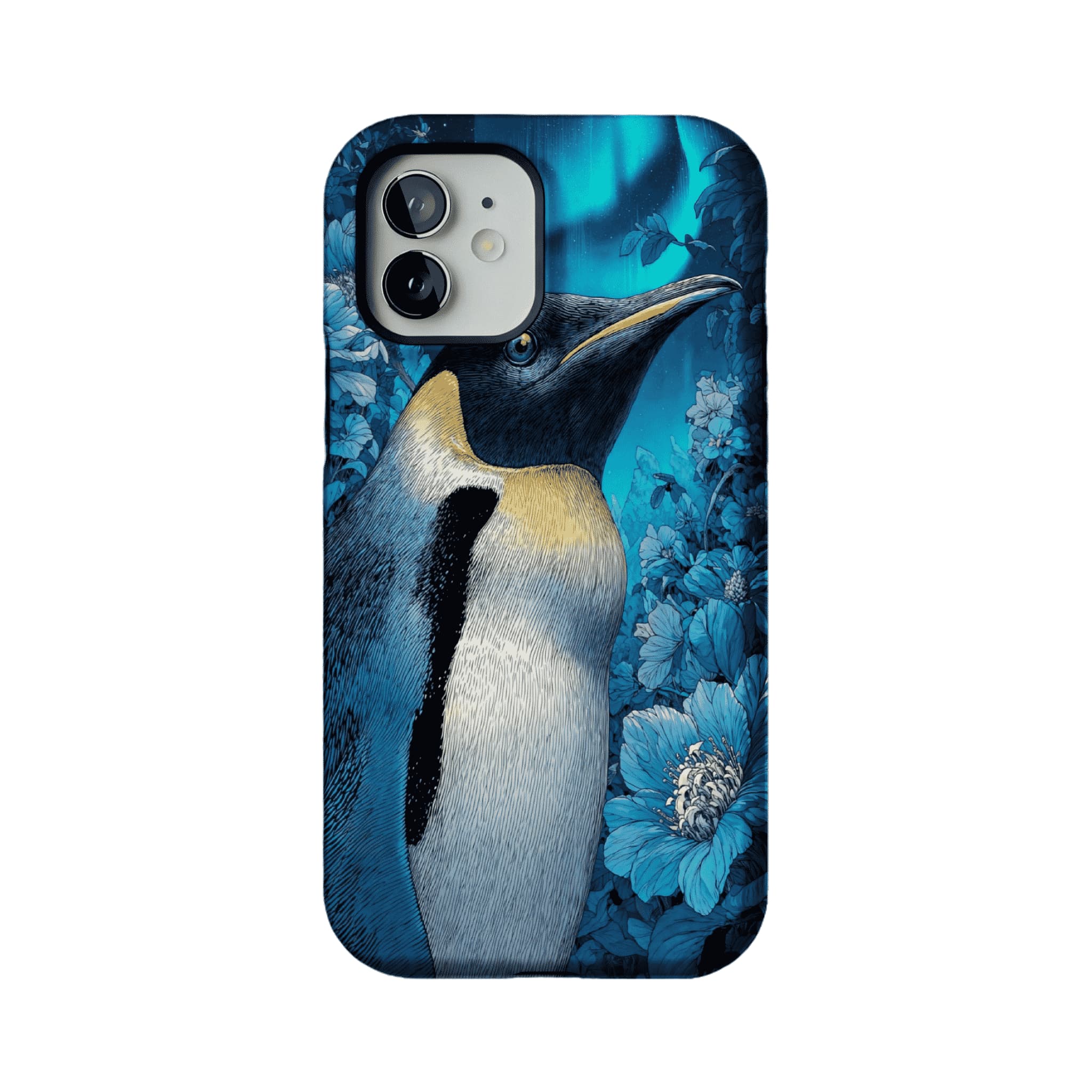 Blue Engraving King Penguin Floral Art Shockproof iPhone Case