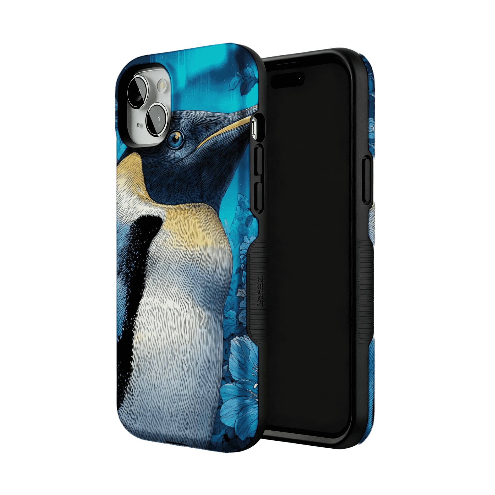 Blue Engraving King Penguin Floral Art Shockproof iPhone Case