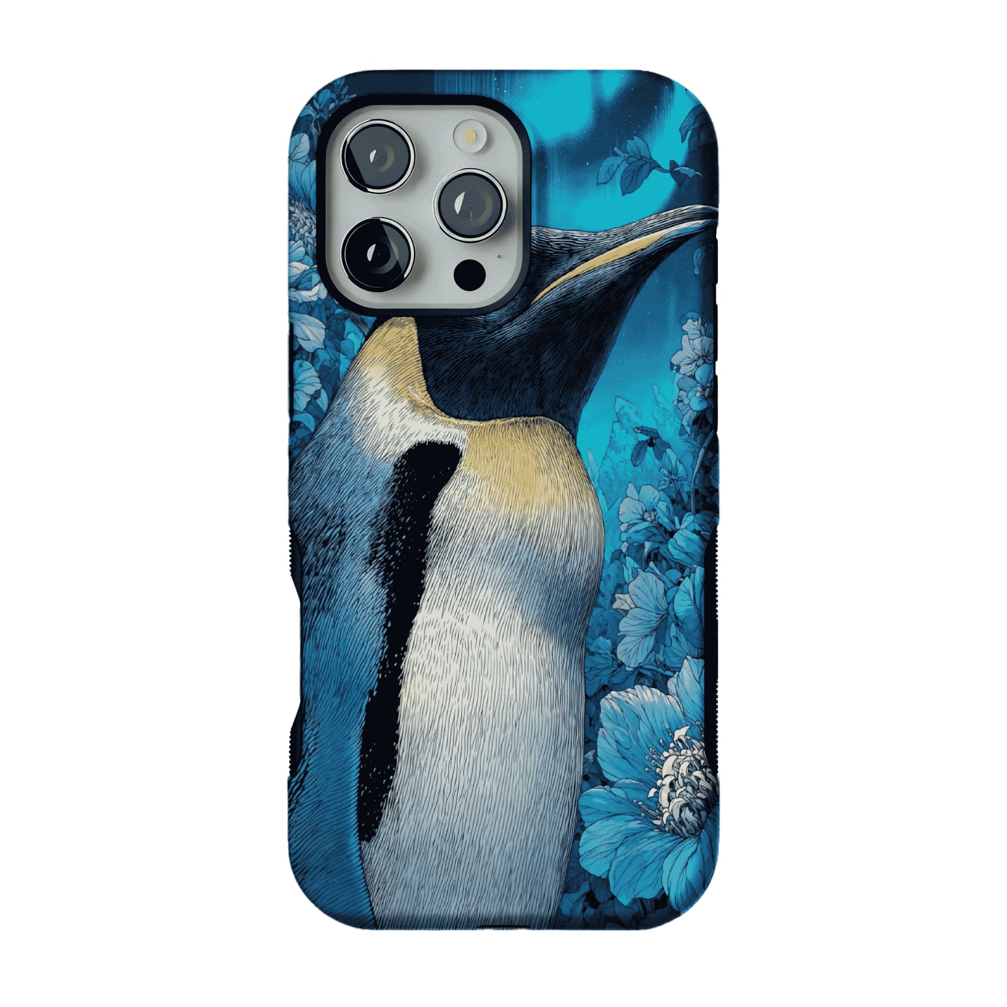 Blue Engraving King Penguin Floral Art Shockproof iPhone Case