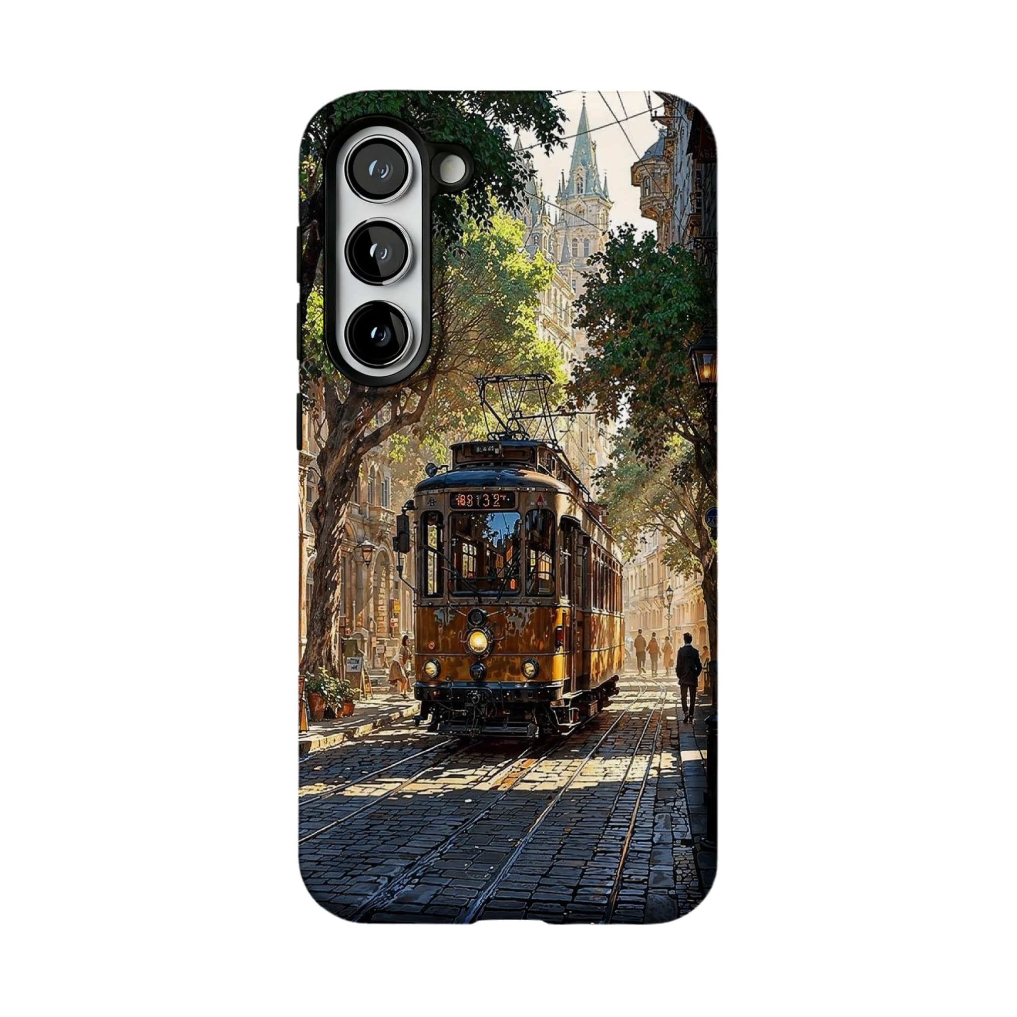 Old Town Tram Phone Case | Retro Cityscape Art Cover for Travel Lovers