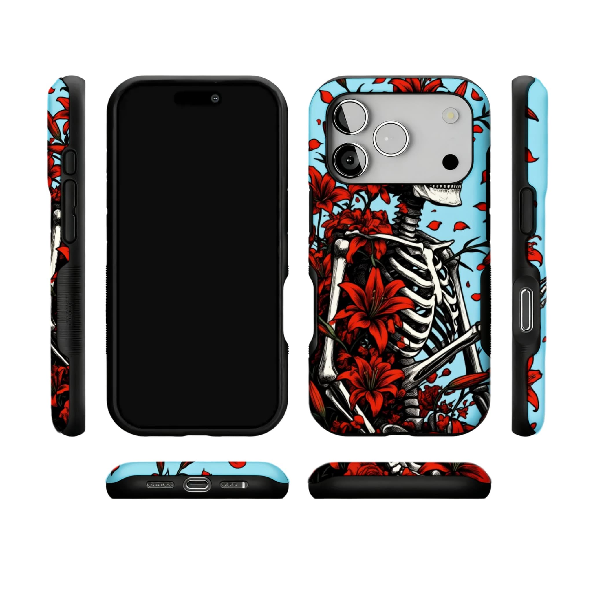 Red Lily Skeleton Phone Case Gothic Floral Skull Cover for iPhone