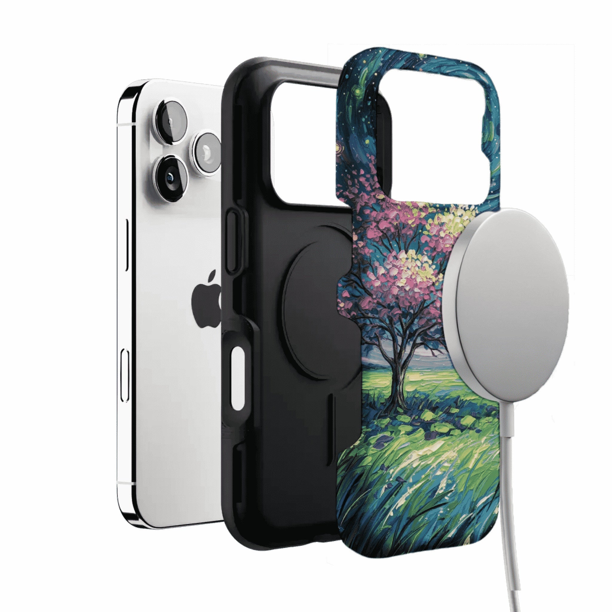 Starry Sky Pink Blossom Tree Phone Case, Shockproof Anti-slip iPhone Cover