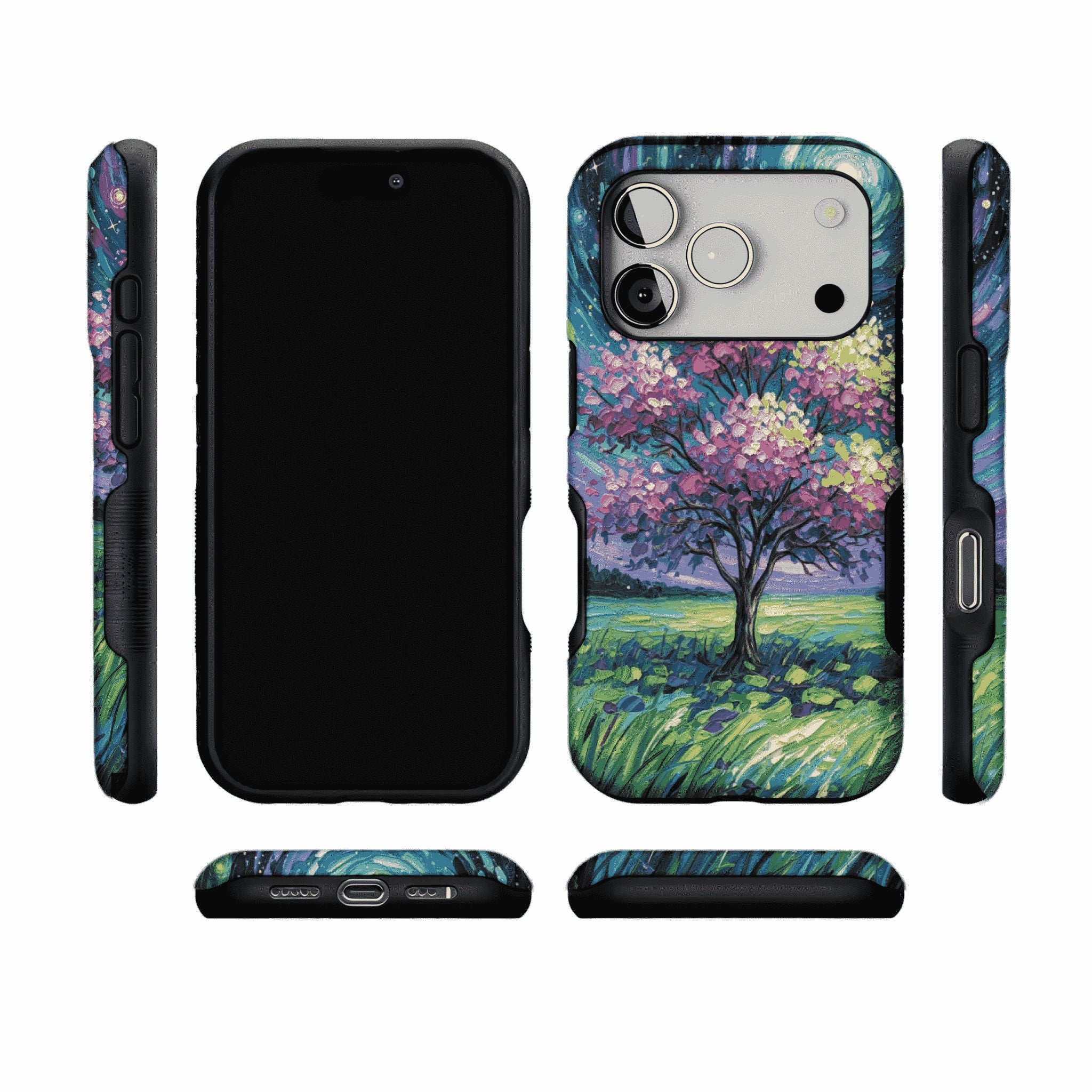 Starry Sky Pink Blossom Tree Phone Case, Shockproof Anti-slip iPhone Cover